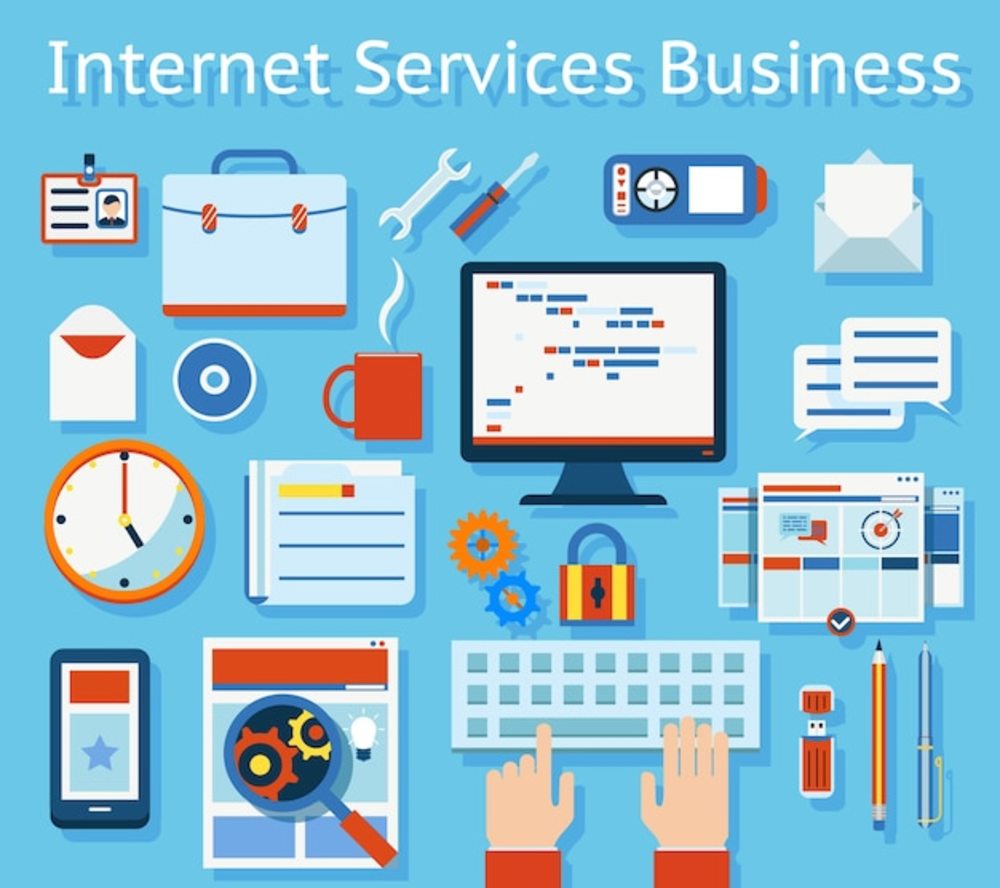 浅蓝色背景下的彩色互联网服务业务概念